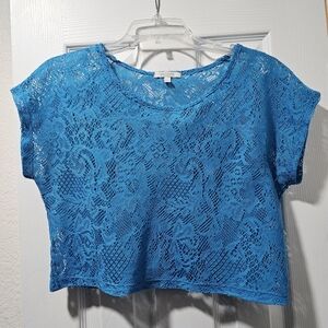 Blue cropped top, swimsuit cover up